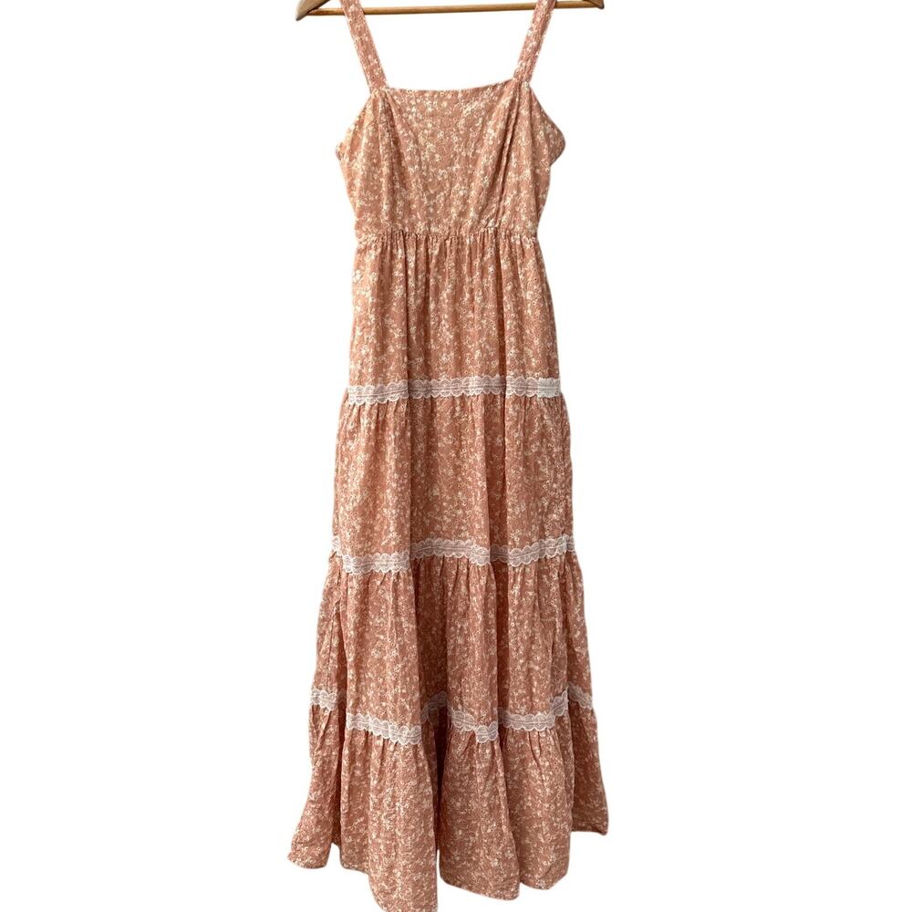Aura Floral Eyelet Lace Sleeveless Tiered Maxi Dress Pink Pockets Size XS - Picture 9 of 11